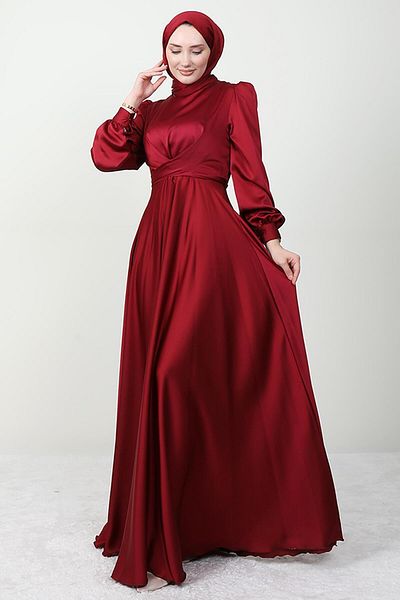 Giza Giyim Cross Belted Evening Dress Claret Red