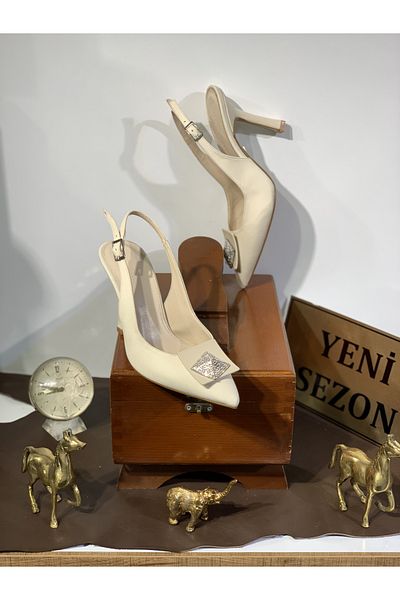 Beyoğlu Stone Buckle Front Goblet Heel Pointed Toe Open Back Comfortable Fit Stylish Evening Dress Heeled Shoes