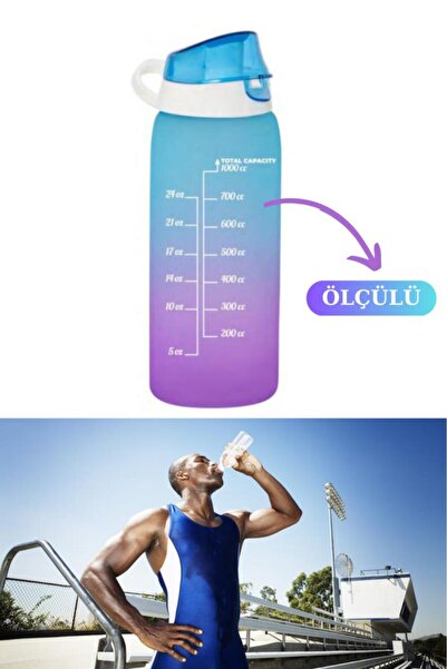 Flosoft 1 litre Çift Renk Suluk, Okul ve Sporcu Matarası, Motivasyonel Su Şişesi 1000ml Mavi