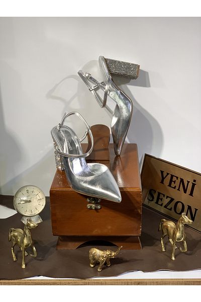 Beyoğlu Pietre metalice brodate Toc gros Varf ascutit Spate deschis Mucegai confortabil Rochie de seara eleganta Pantofi cu toc