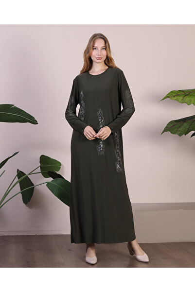 Ferace Women's Large Size Leopard Print Large Size Black Hijab Dress Khaki