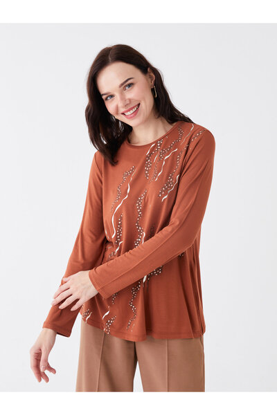 LC Waikiki Vzorované dámske tričko s dlhým rukávom a výstrihom