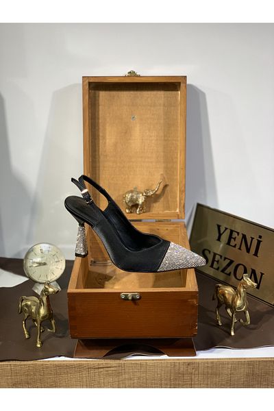 Beyoğlu Stone Embroidered Goblet Heel Pointed Toe Open Back Comfortable Fit Stylish Evening Dress Heeled Shoes
