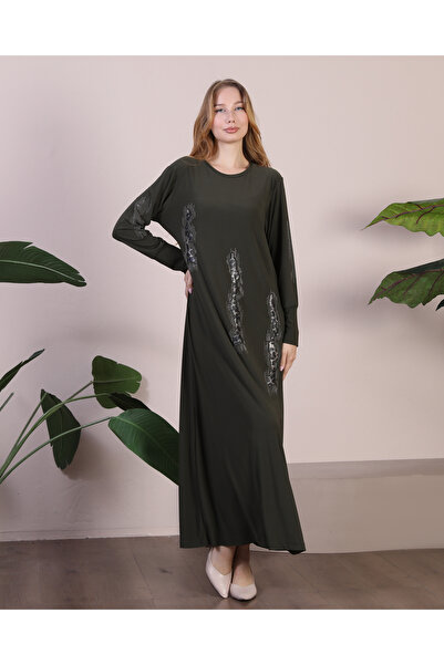 Ferace Women's Large Size Leopard Print Large Size Black Hijab Dress Khaki