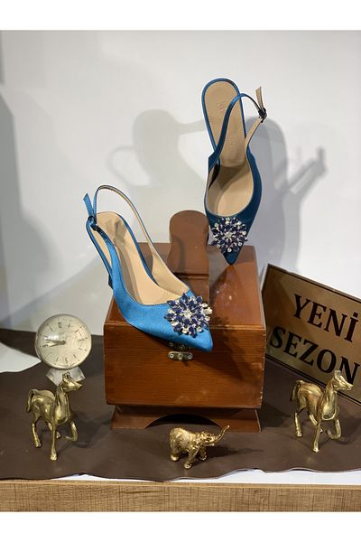 Beyoğlu Cataramă de piatră în față Toc calice Vârf ascuțit Spate deschis Mucegai confortabil Rochie de seară elegantă Pantofi cu toc