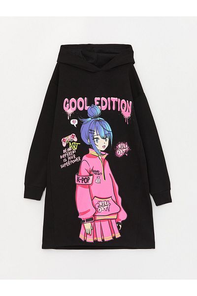 LC Waikiki Hooded Printed Long Sleeve Girl's Dress