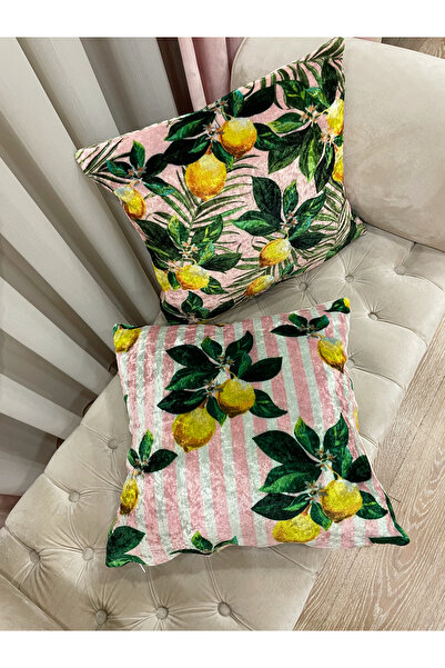Brillant 2 Li Limon Desen Kadife Kırlent Yastık Kılıfı (Pembe)