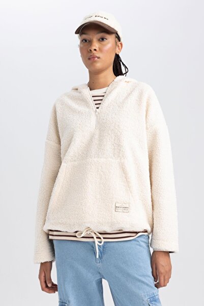 DeFacto Oversize Fit Hooded Kangaroo Pocket Half Zipper Plush Sweatshirt Y5394az23wn