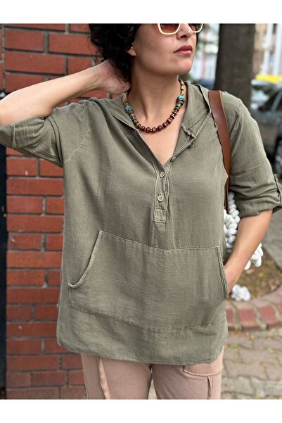 SESTRA BUTİK Pamuk Keten Kapüşonlu Haki Gömlek