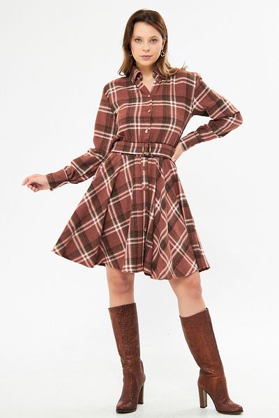 Bidoluelbise Lumberjack Fabric Long Sleeve Belted Shirt Dress
