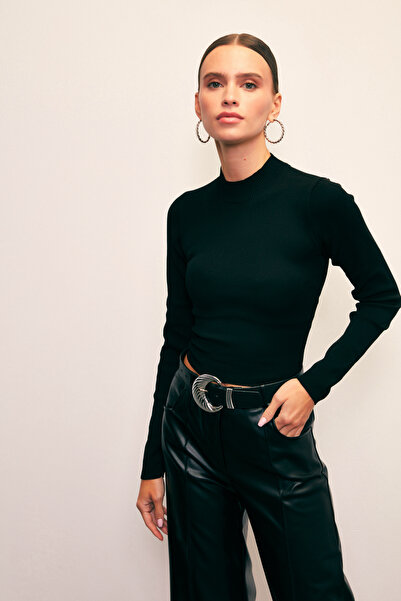 Sateen Yarım Balıkçı Triko Bluz - Siyah