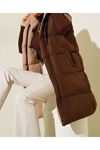GÖKÇE CLOTHİNG Women's Double-Sided Long Hooded Sleeveless Puffer Vest