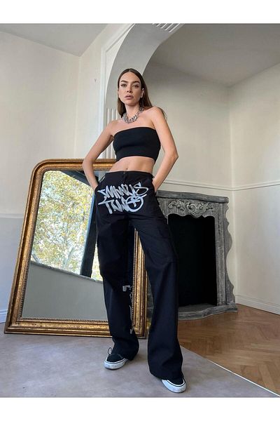 Toum Blush Unisex Cargo Pocket Elastic Detailed Black and White Printed Baggy Jean