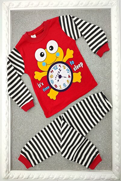 dubi baby süpermini kırmızı kurbağa saat desenli 2'li erkek çoçuk pijama takımı