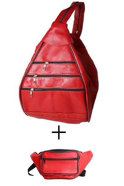 Jack Tonio Red Genuine Leather Backpack and Red Leather Waist Bag Set