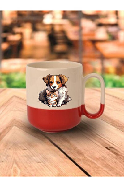 lili hediyelik كوب بقاعدة حمراء مع قطة وكلب - كوب شاي وقهوة من السيراميك