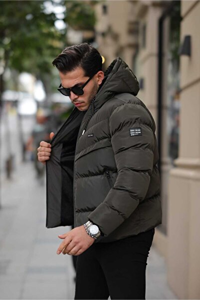 Rompasso Men's Khaki Fur Lined Water Cold Windproof Warm Inflatable Coat Memori Memory Coat