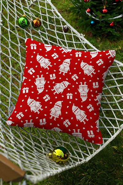 Hayal Dekoratif New Year Themed Red Background White Santa Claus and Gift Box Patterned Digital Printed Throw Pillow Cover