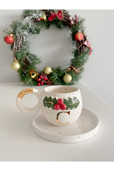 Mugtasarım كوب قهوة تركي مزدوج مطلي بالذهب عيار 24 قيراط - حرف C -