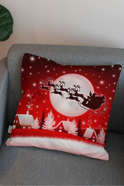 Hayal Dekoratif New Year's Themed Red and White Santa Claus with Sleigh and Snow Pattern Digital Printed Throw Pillow Cover