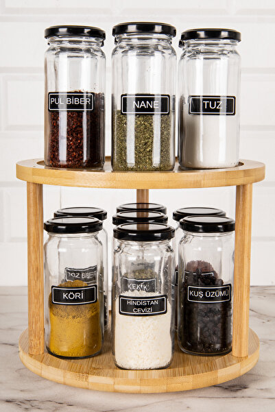 DNS HOME 244 ml Glass Spice Rack Set Storage Jar with Black Metal Lid and Rotating Stand with Label