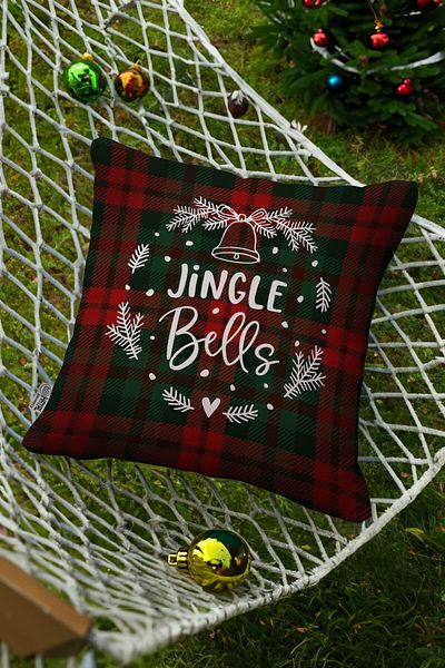 Hayal Dekoratif New Year's Themed Jingle Bells Written Red Green White Digital Printed Throw Pillow Case