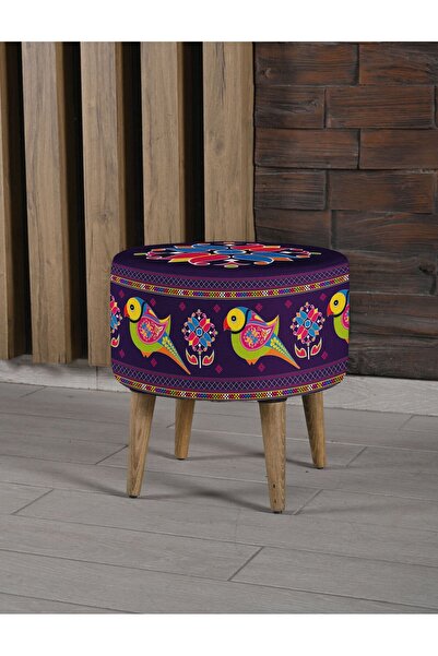 Armi Puf Renkli Kuşlar Desenli Mor Ayaklı Puf +2 Kırlent Kılıfı-KP10-05