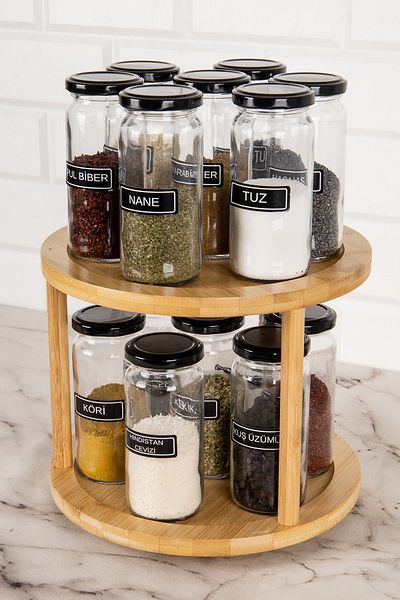 DNS HOME 244 ml Glass Spice Rack Set Storage Jar with Black Metal Lid and Rotating Stand with Label