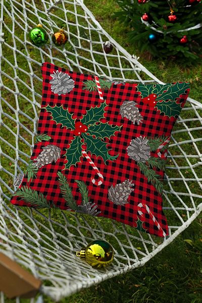 Hayal Dekoratif New Year's Themed Red Black Pinecone and Candy Cane Plaid Patterned Digital Printed Throw Pillow Cover