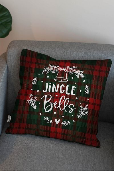 Hayal Dekoratif New Year's Themed Jingle Bells Written Red Green White Digital Printed Throw Pillow Case