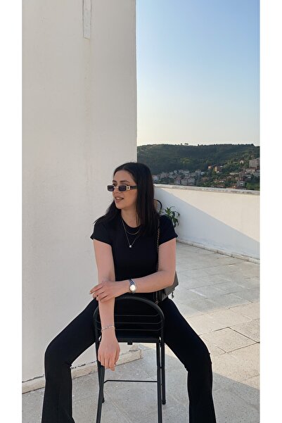 Butikk Bisiklet Yaka Kısa Kollu Likralı Crop Siyah
