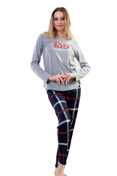 VİENETTA Set de pijamale din bumbac, gri, cu mâneci lungi, cu gât rotund, cu tiv oval