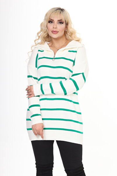MJORA Zippered Polo Neck Striped Knitted Knitwear Sweater