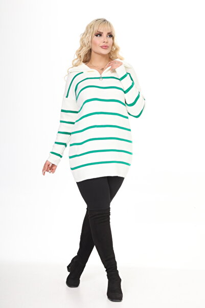 MJORA Zippered Polo Neck Striped Knitted Knitwear Sweater