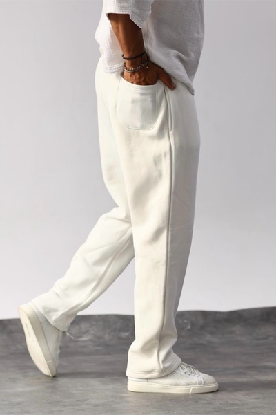 MADZEYMODA Ανδρικό παντελόνι με φαρδύ σχέδιο με 3 κλωστές, λευκό φούτερ