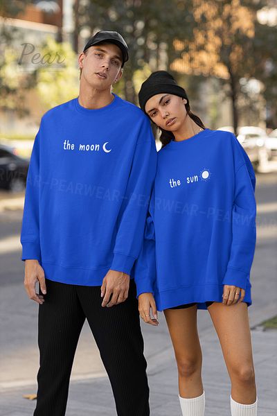 Pear Wear The Moon The Sun Printed Unisex 3 Thread Raised Lover Set Oversize φούτερ 2 τεμαχίων