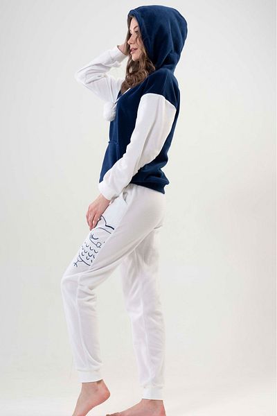 VİENETTA Women's Navy Blue White Hooded Fleece Off Shoulder Long Sleeve Pocket Pompom Pajamas Set