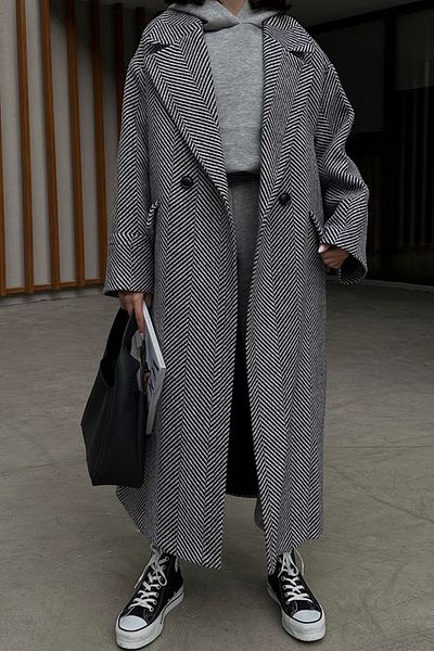 lovebox Thick Fabric Lining Herringbone Patterned Oversize Fit Midi Length 125 cm Gray Coat 23Y54329