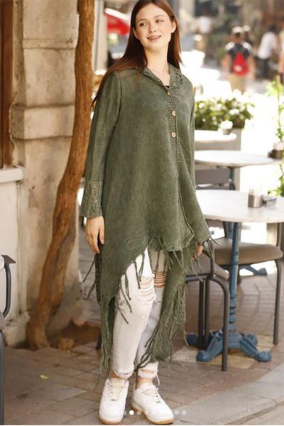 AYASOFYA OTANTIK Fuste kaki pentru femei, cu ciucuri, cu glugă, închidere cu ...