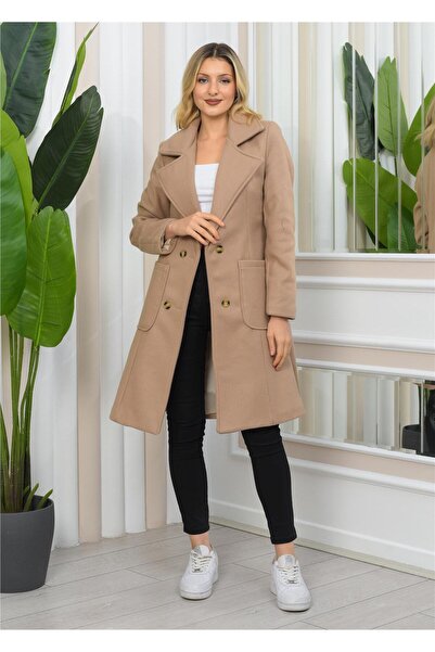 Nuseel معطف طويل مبطن بياقة مزدوجة الصدر