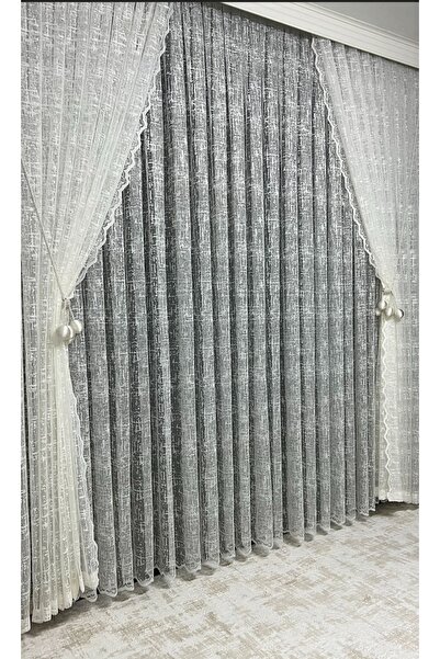 ADAR PERDE Örme tül Şentuk desen Bir çift fon 2 adet yan aksesuar Takım halinde