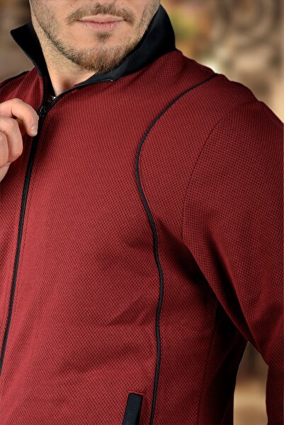 BESSA Men's Burgundy Zippered Sweatshirt Honeycomb Fabric Stand Collar