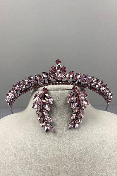 Hobigram Pink Thin Ilayda Model Bridal Crown and Leaf Stone Earring Set – Crown, Crystal Stone, Stylish Model – Ta