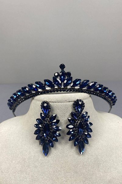 Hobigram Navy Blue Thin Ilayda Model Bridal Crown and Drop Stone Earring Set – Crown, Crystal Stone, Stylish Model –