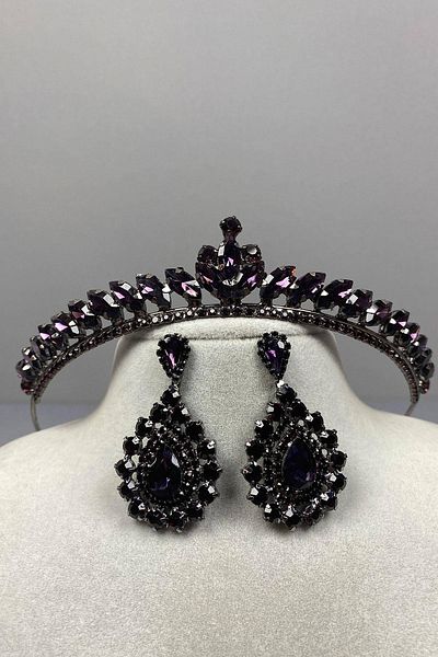 Hobigram Purple Color Thin Ilayda Model Bridal Crown and Drop Earring Set – Crown, Crystal Stone, Stylish Model – Crown – t