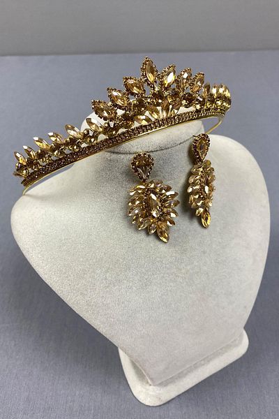 Hobigram Honey Color Leyla Model Henna Bridal Crown and Thin Shuttle Earring Set – Crown, Crystal Stone, Stylish Model – t