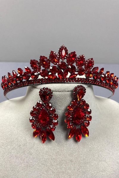 Hobigram Red Leyla Model Henna Bridal Crown and Three Shuttle Earrings Set – Crown, Crystal Stone, Stylish Model – Crown –