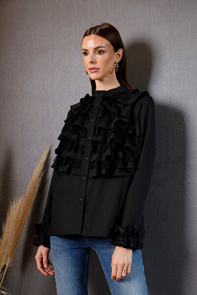 aylin yılmaz Elegance Black Shirt Kruvaze Özel Tasarım Dantel ve Kumaş Fırfır...