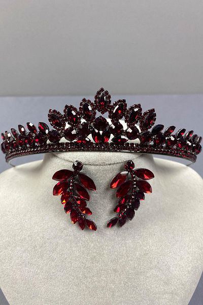 Hobigram Set de coroană de mireasă și cercei cu piatră de frunze Leyla Model Burgundy Leyla – Coroană, Crystal Stone, Model elegant – Coroană