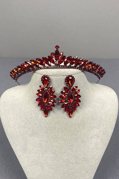 Hobigram Red Thin Ilayda Model Bridal Crown and Round Stone Earrings Set – Crown, Crystal Stone, Stylish Model